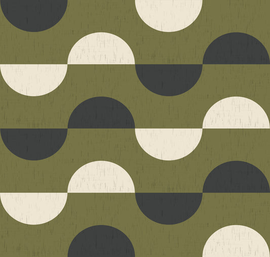 Papier peint demi-lune vert olive, style géométrique rétro du milieu du siècle