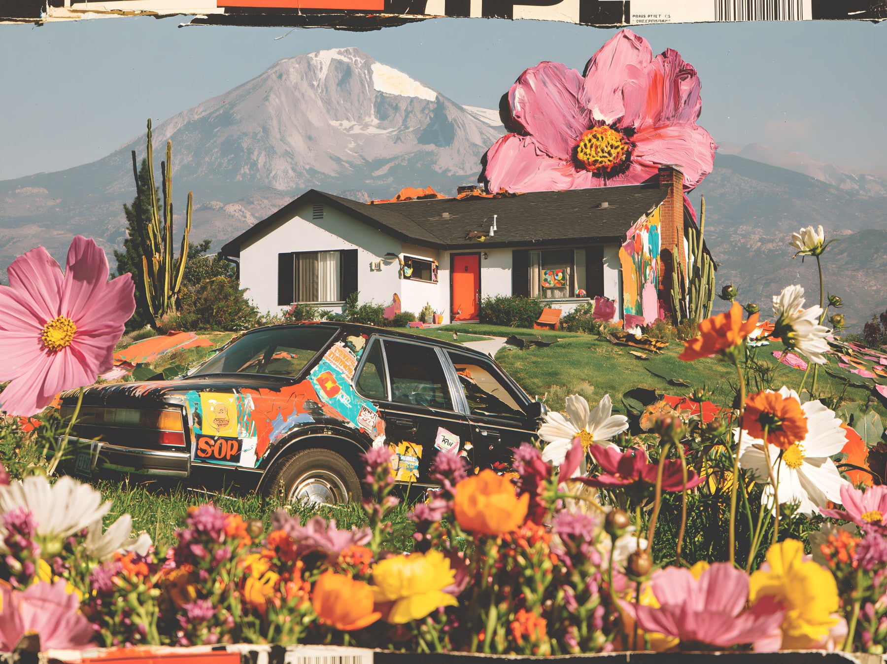 Papier peint panoramique mural représentant une prairie florale alpine surréaliste