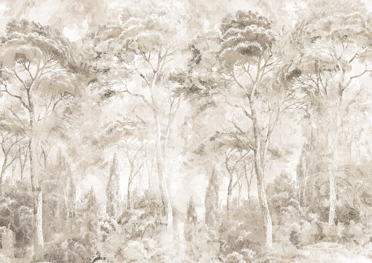 霧に包まれた森の風景 ウォームセピアの壁画 壁画 in your room — zoomed