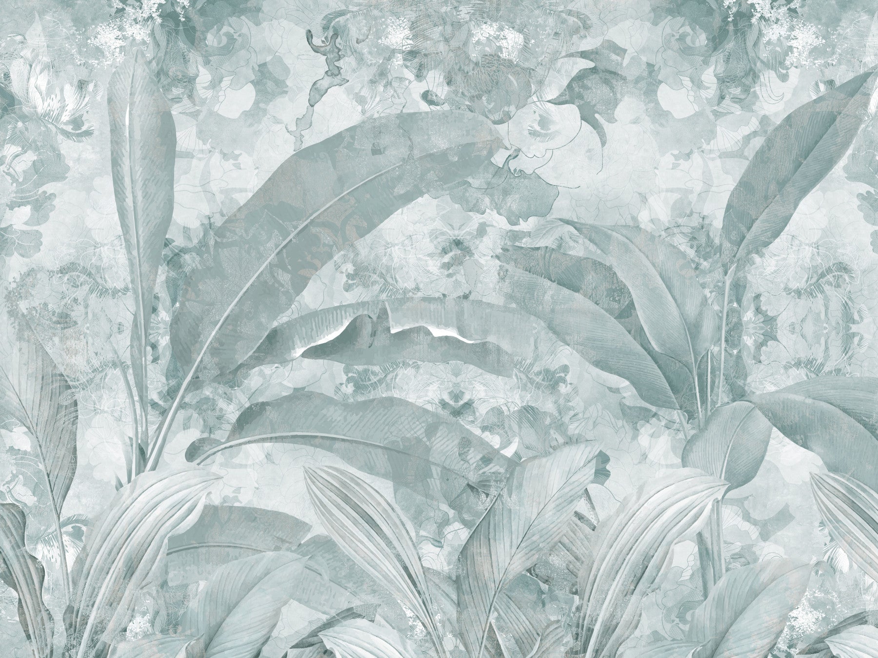 Ocean Aqua Tropical Leaves Wall Mural Wall Mural