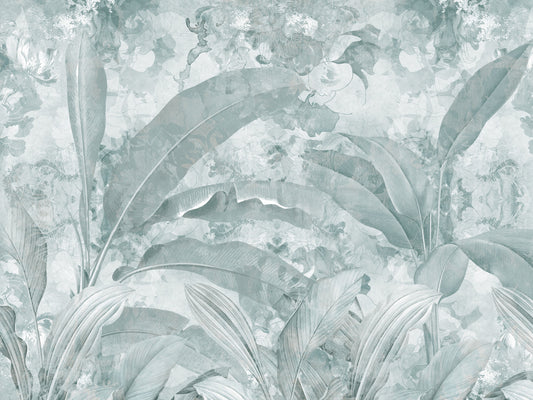 Wandbild mit tropischen Blättern in Ozean-Aqua