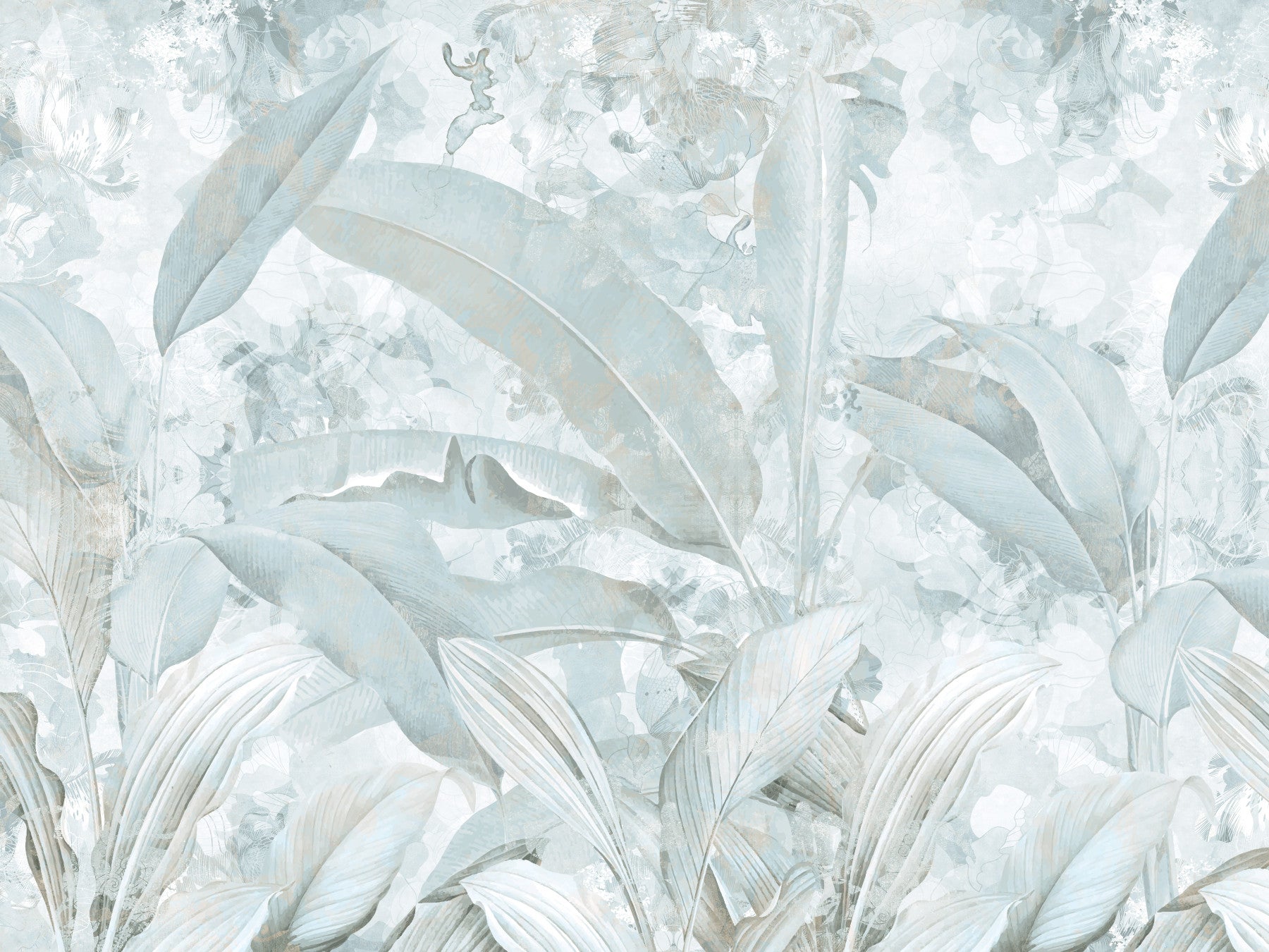 Wandbild mit botanischen Bananenblättern in Eisblau