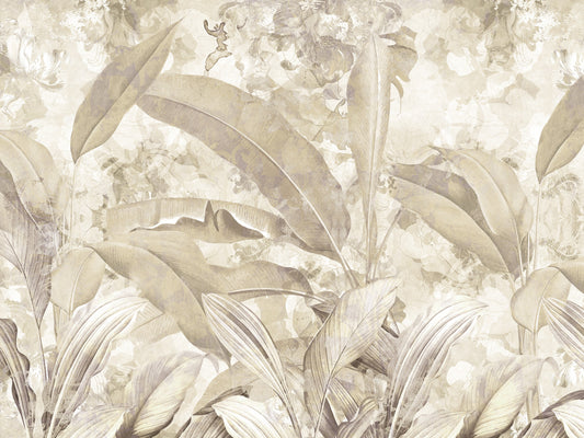 Papier peint panoramique botanique tropical à feuilles, beige sable chaud