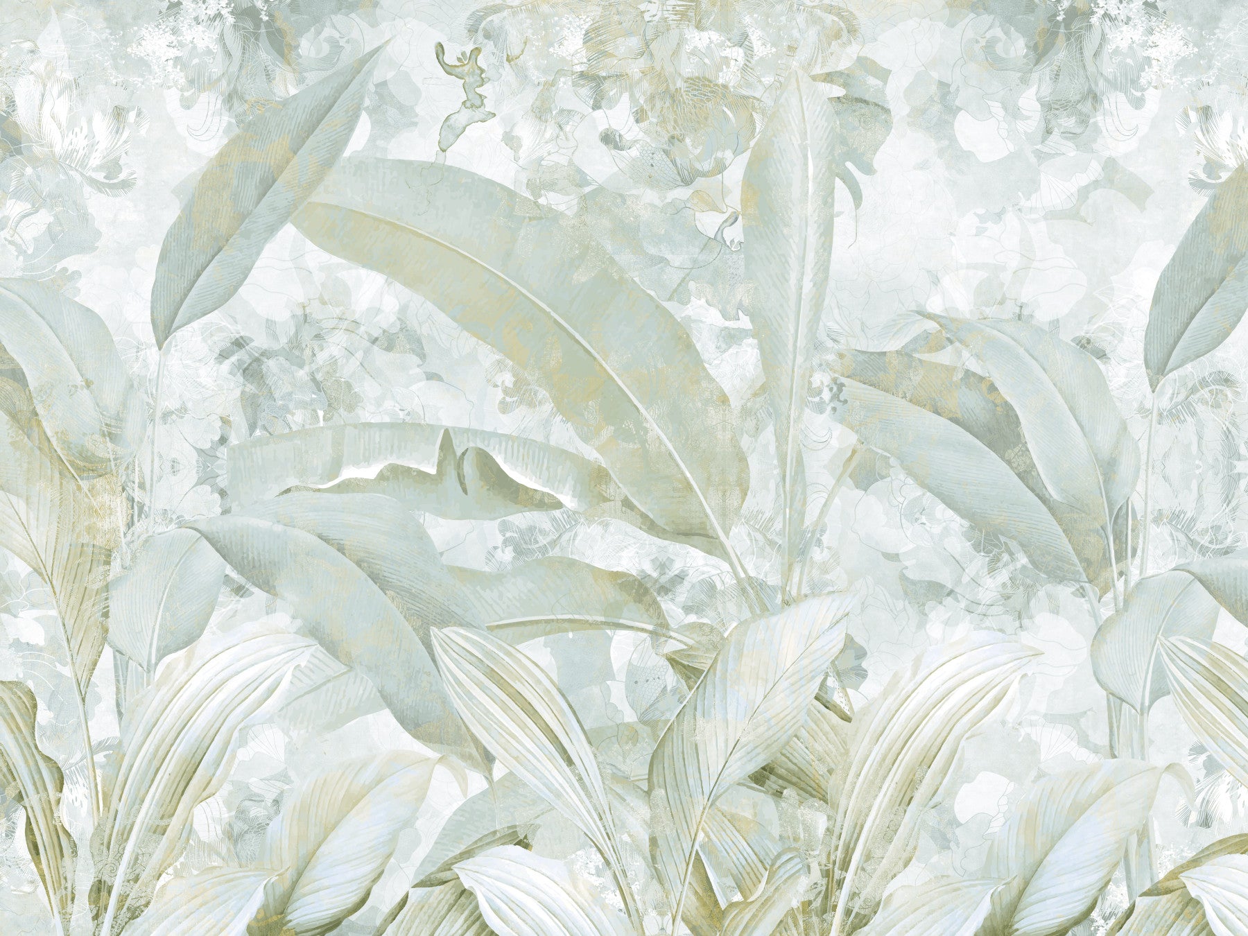 Papier peint panoramique à feuilles tropicales botaniques vert sauge et doré