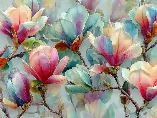 Murale botanico primaverile con magnolie