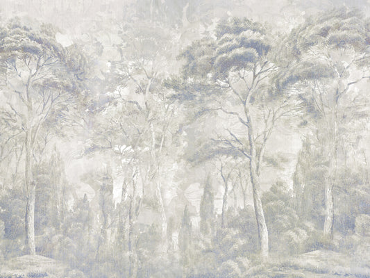 Fototapeta ścienna Misty Forest Landscape w ciepłym piaskowym i szarym odcieniu