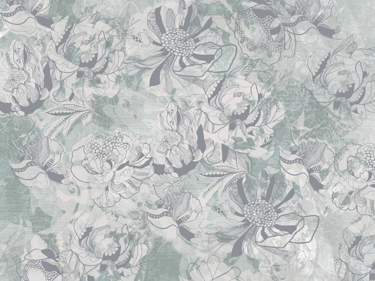 Misty Slate Ice Teal Botanical Floral Wall Mural Wall Mural in your room