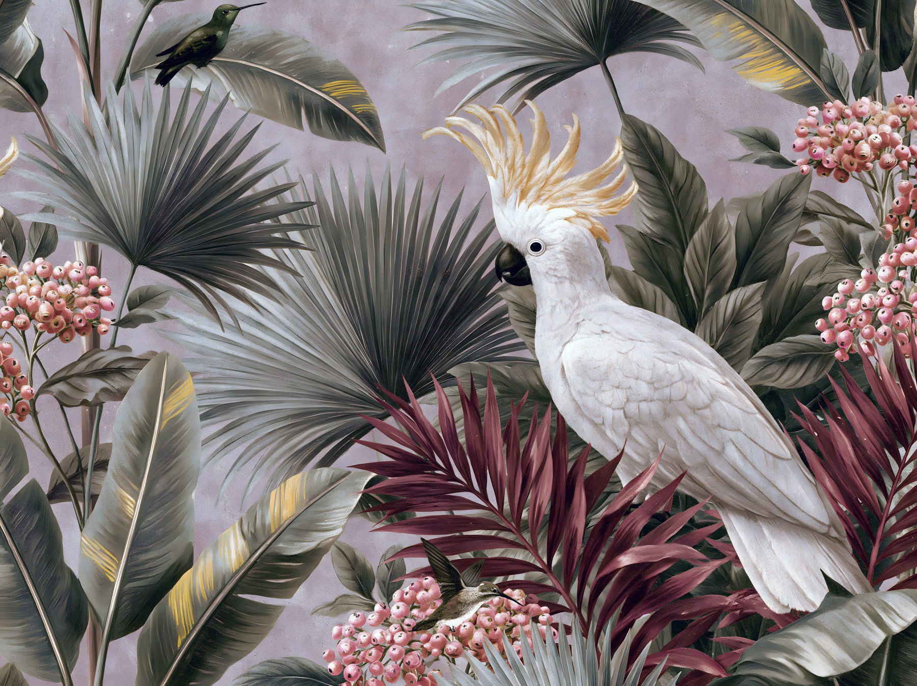 Papier peint panoramique avec cacatoès et flore tropicale