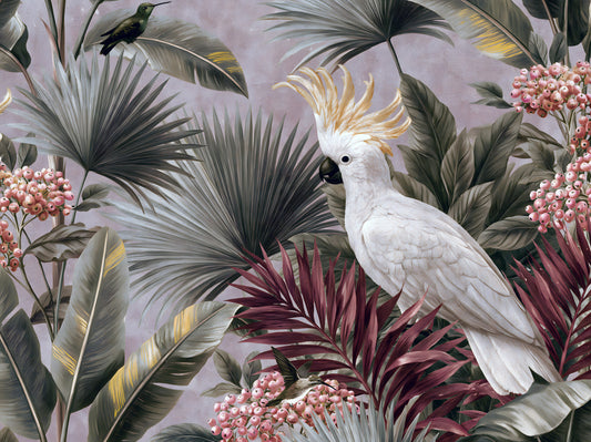 Papier peint panoramique avec cacatoès et flore tropicale