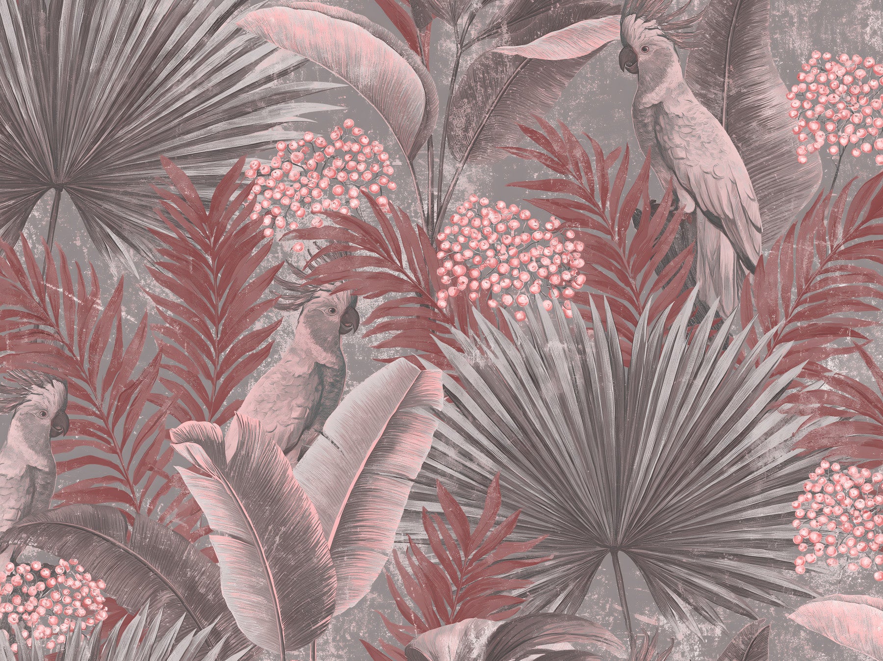 Wandbild mit Kakadu in gedecktem Rosa und tropischem Blattwerk