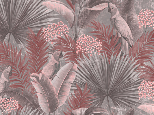 Papier peint panoramique à feuillage tropical avec cacatoès rose poudré