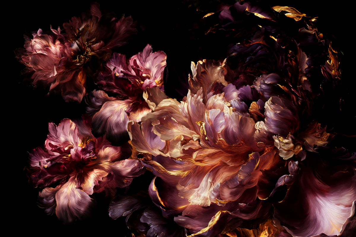 Papier peint panoramique à fleurs sombres dorées in your room — zoomed