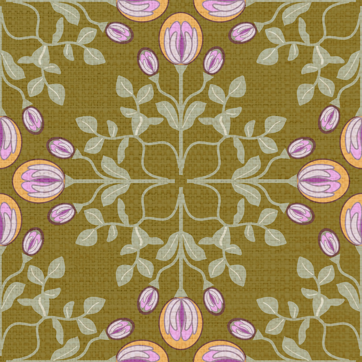 Symmetric Floral Renaissance on Olive Green Wallpaper⁠ in your room — zoomed