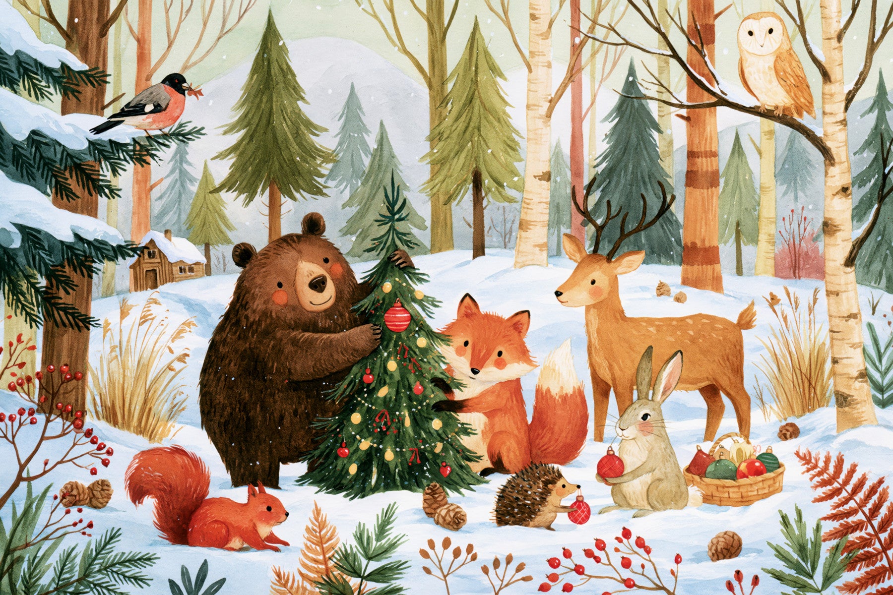 Fresque murale festive de Noël avec des amis de la forêt en hiver