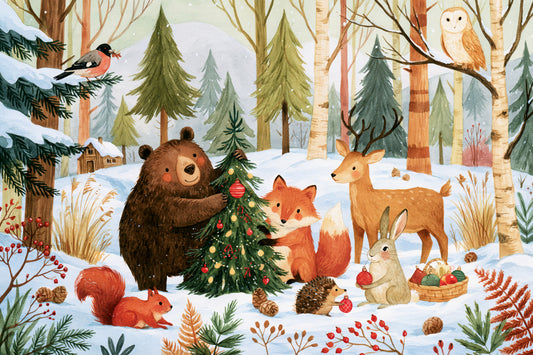 Fresque murale festive de Noël avec des amis de la forêt en hiver