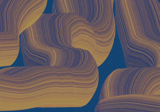 Papier peint panoramique à texture bleu marine orné de grandes courbes dorées