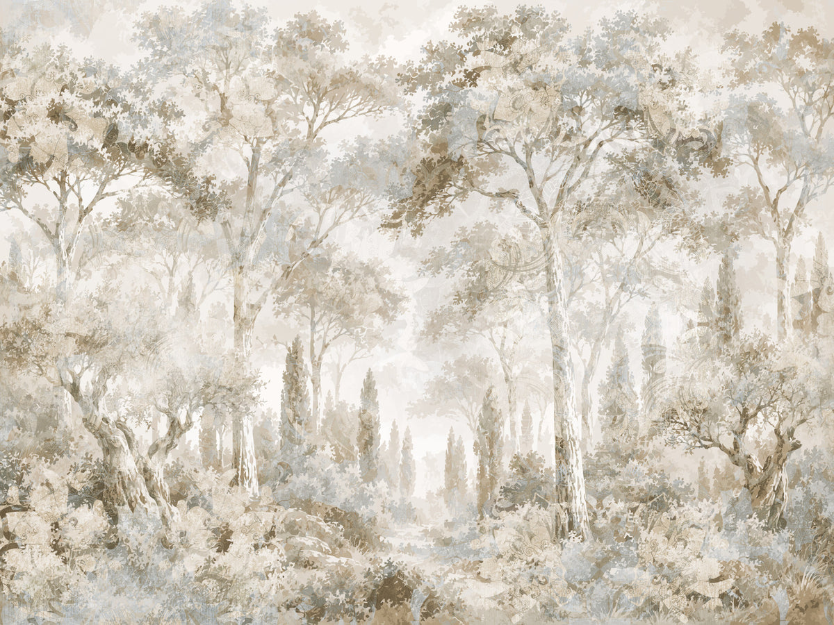 Wandbild „Nebliger Waldweg in der Toskana“ in your room — zoomed