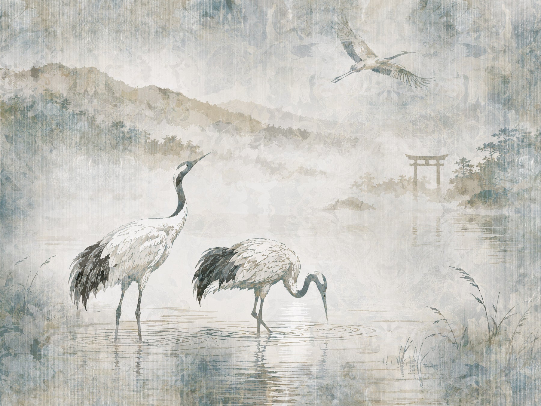 穏やかな日本の風景と鶴の壁画