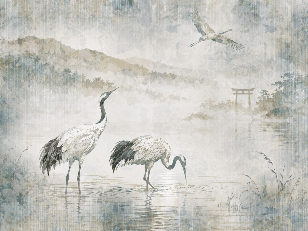 穏やかな日本の風景と鶴の壁画 in your room — zoomed