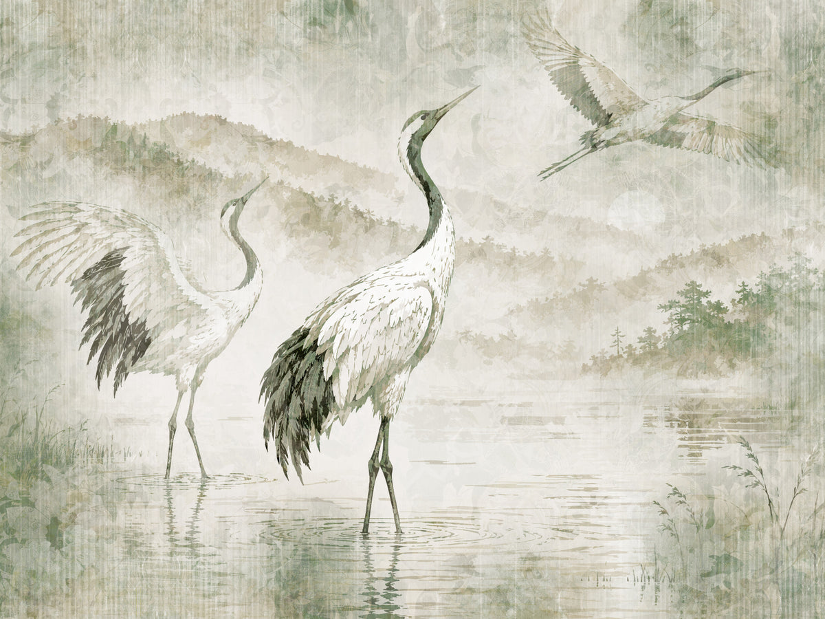 Väggmålning med naturens möte och japanska tranor in your room