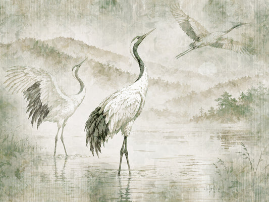 Papier peint panoramique Nature's Fusion avec grues japonaises