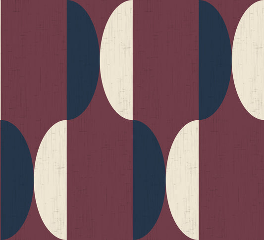 Papier peint à motifs géométriques ovales du milieu du siècle, bordeaux et bleu marine⁠
