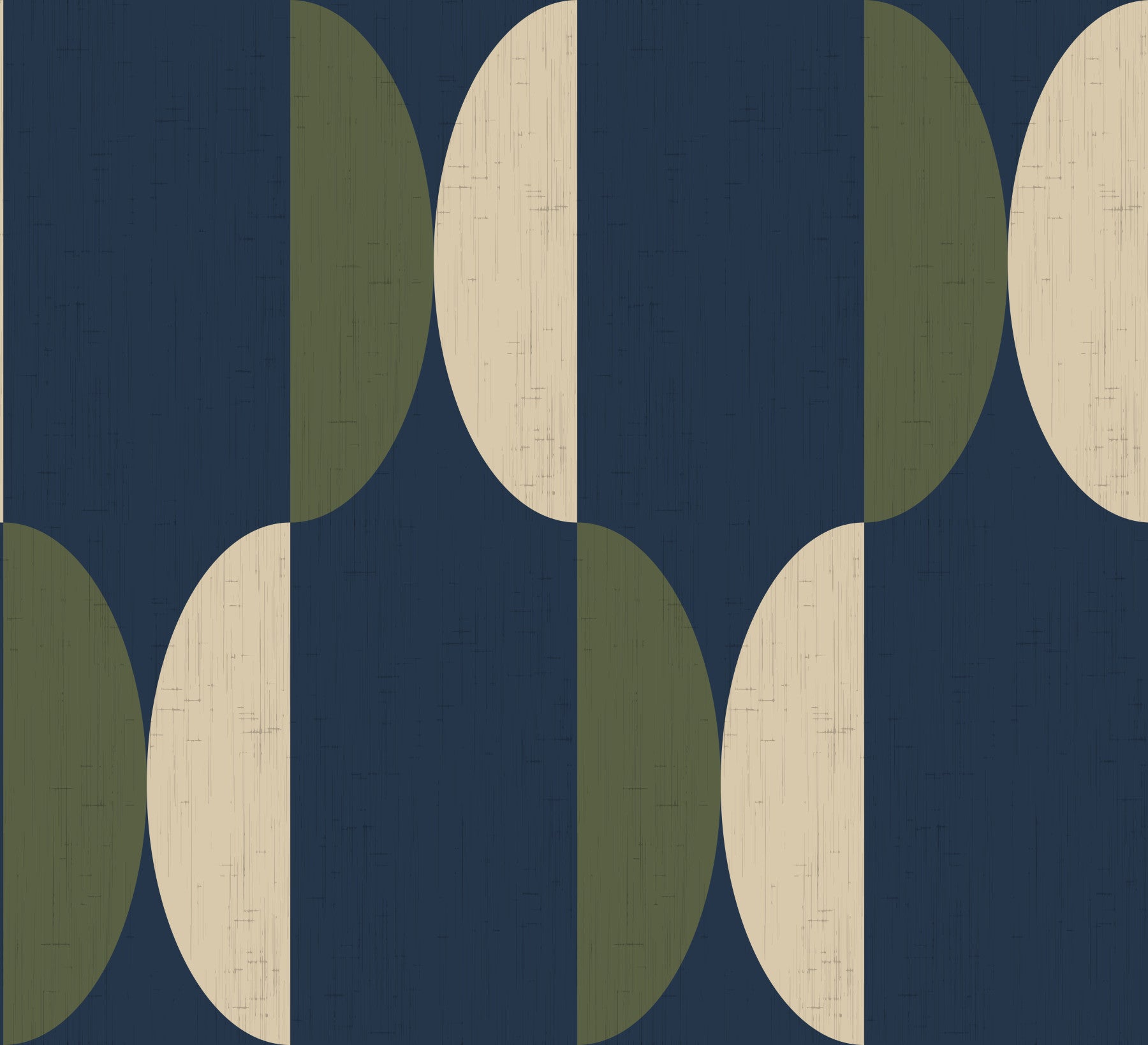 Papier peint ovale mi-siècle bleu marine et olive