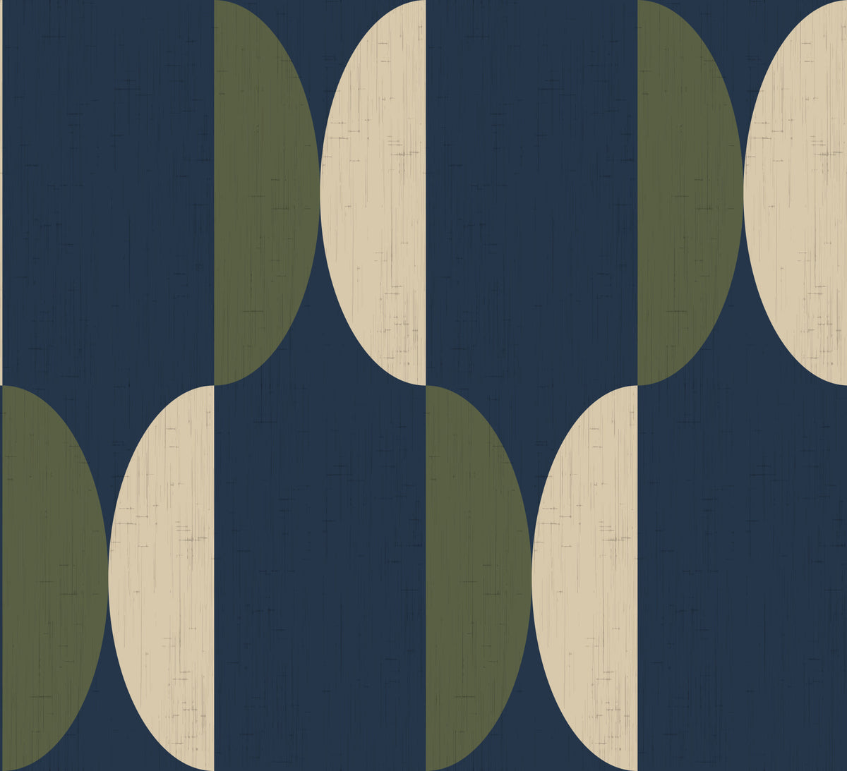 Papier peint ovale mi-siècle bleu marine et olive in your room — zoomed
