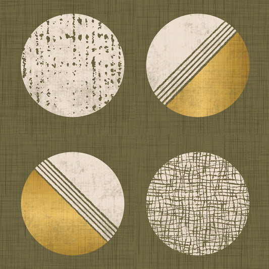 Papier peint à cercles vert olive et moutarde, style milieu du siècle