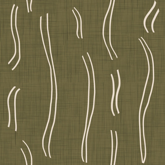 Carta da parati a righe ondulate verde oliva, stile Mid-Century⁠