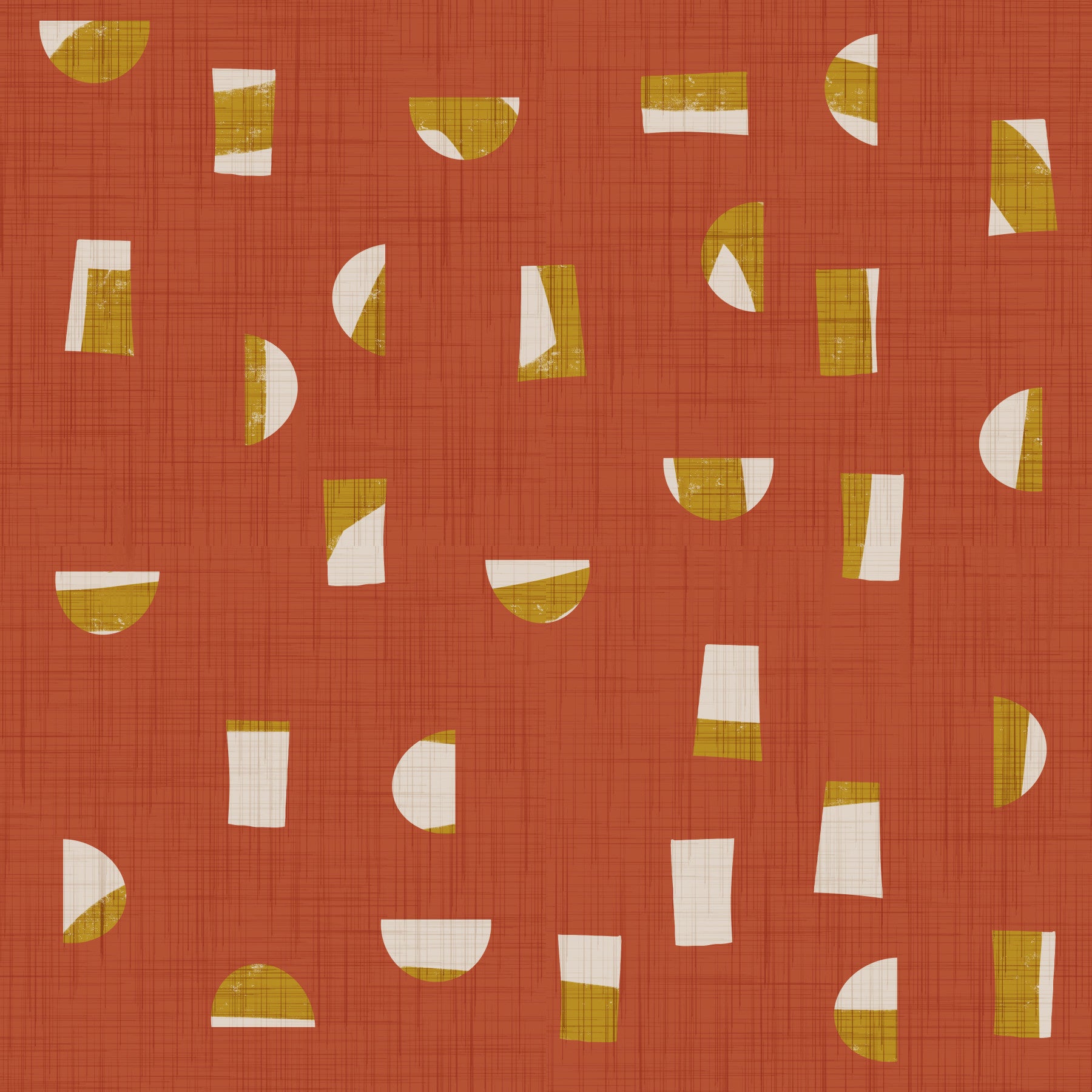 Papel de parede com formas abstratas em vermelho ferrugem, estilo de meados do século XX⁠