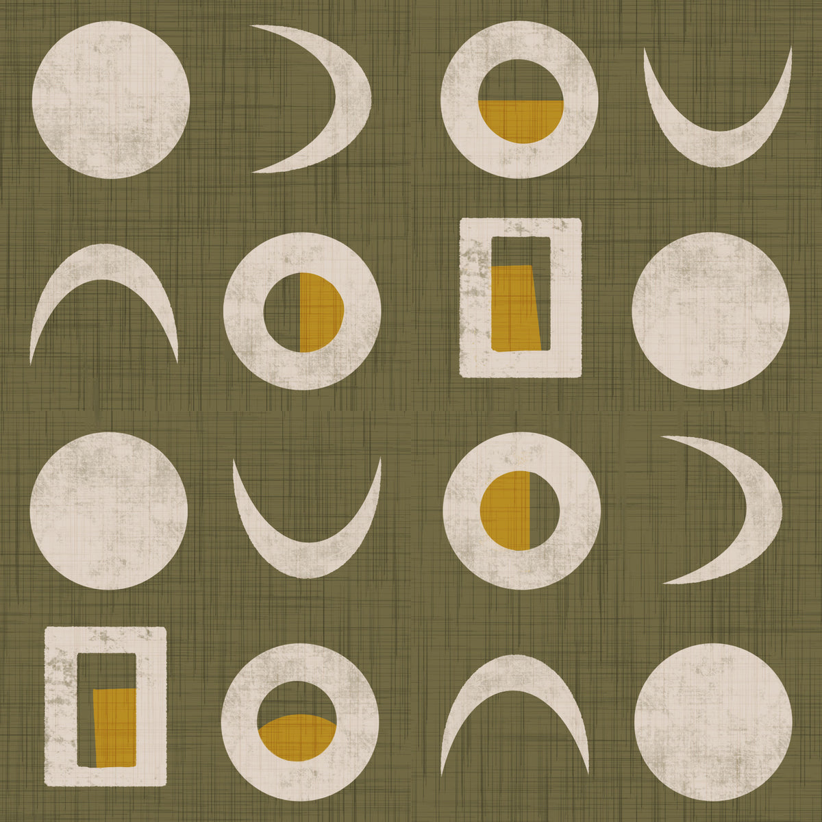 Tapete mit Mondphasen in Olivgrün, Mid-Century-Tapete⁠ in your room — zoomed