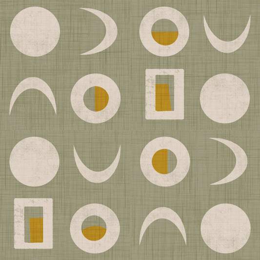 Tapete mit Mondphasen in Salbeigrün, Mid-Century-Tapete⁠