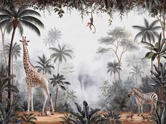 Wandbild „Nebeliger tropischer Safari mit Wildtieren“