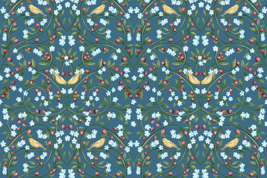 Tapet med blå kirsebærblomster af William Morris