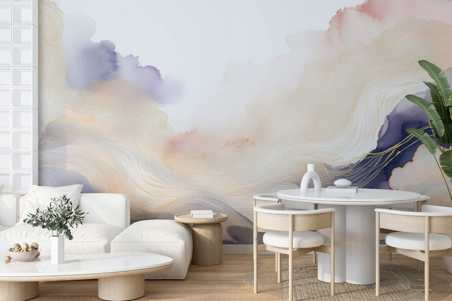 Lavender Cloud Forms Wall Mural creating a focal point in a hallway.