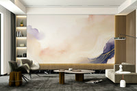 Abstract lavender cloud shapes in a bright, airy apartment.