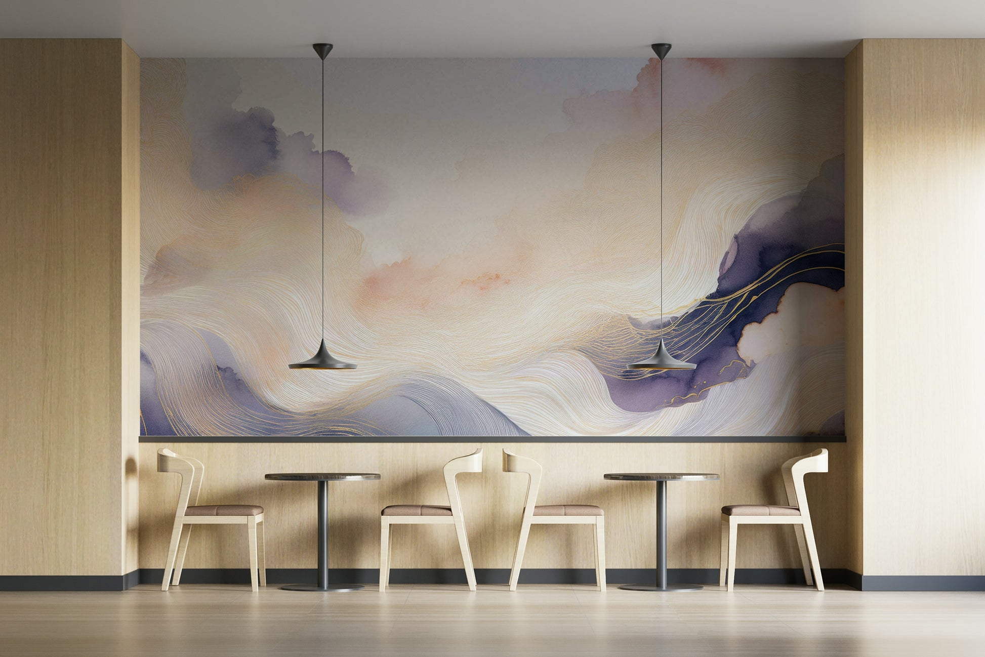 Wispy lilac cloud patterns on a large living room feature wall.