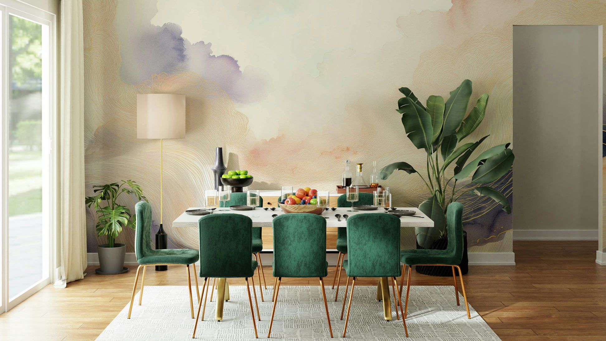 Muted purple sky design for a contemporary dining room.