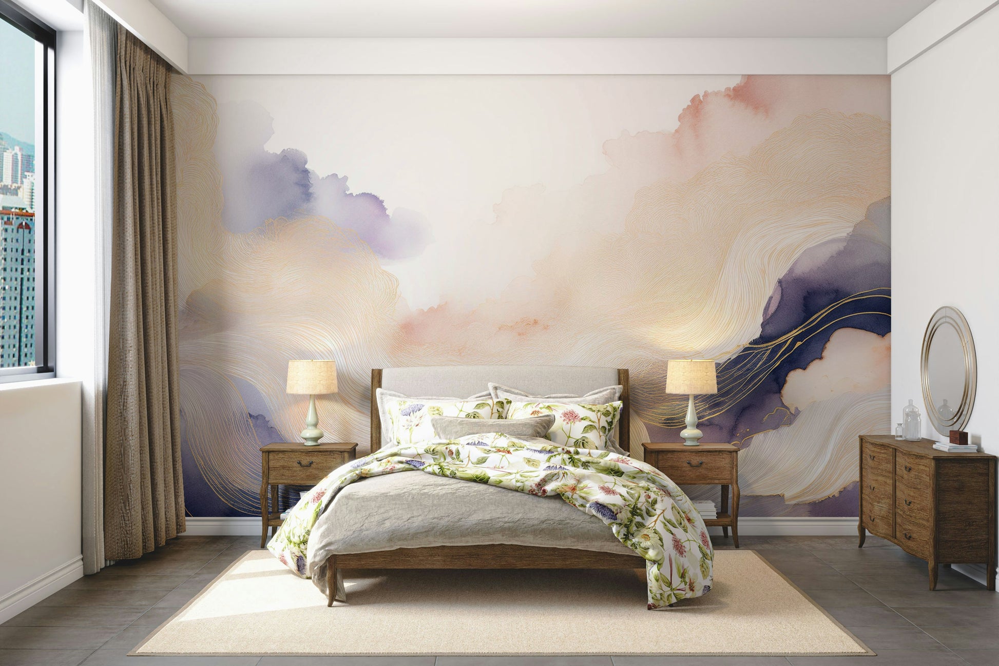 Lavender Cloud Forms Wall Mural behind a minimalist white sofa.