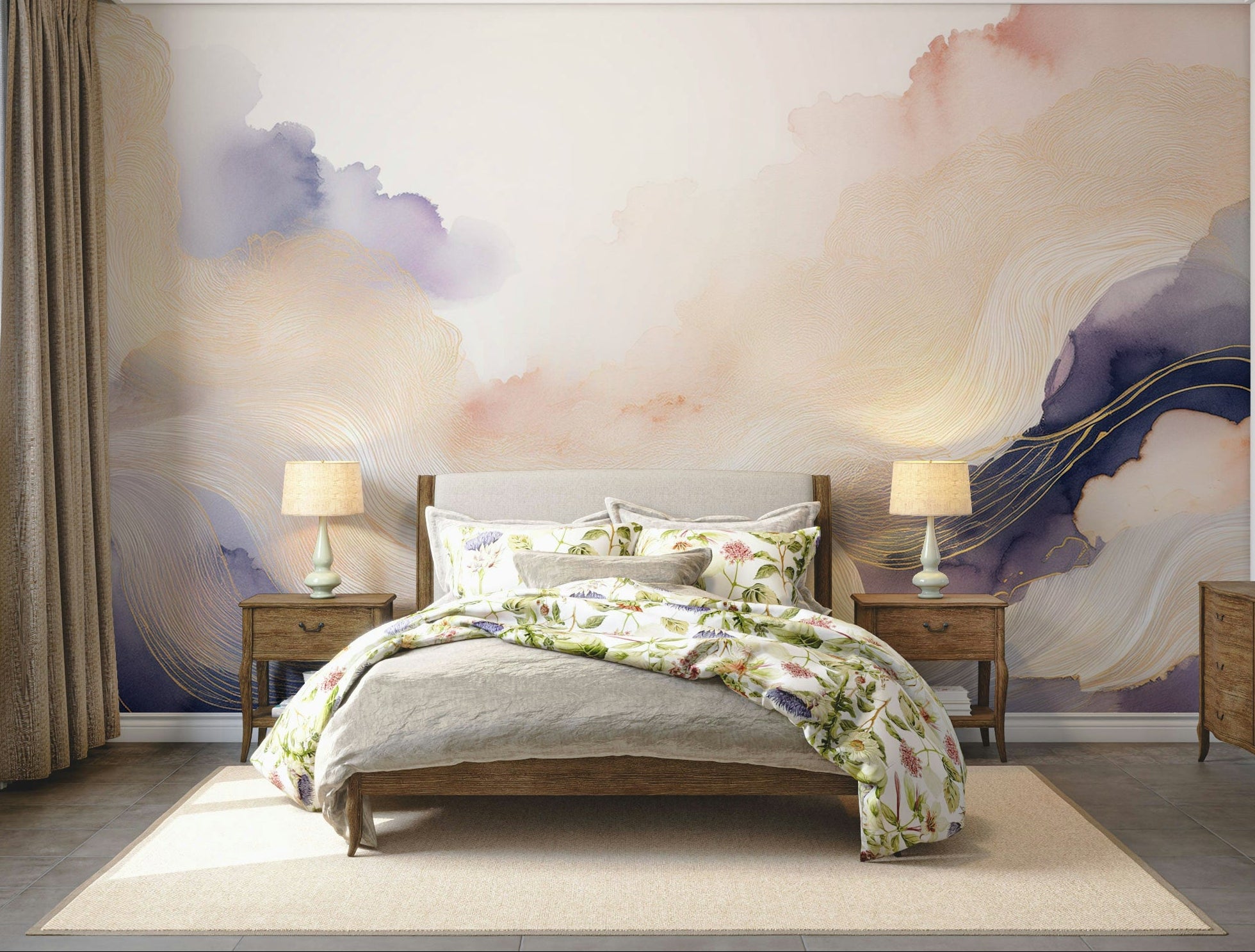 Lavender Cloud Forms Wall Mural behind a minimalist white sofa.