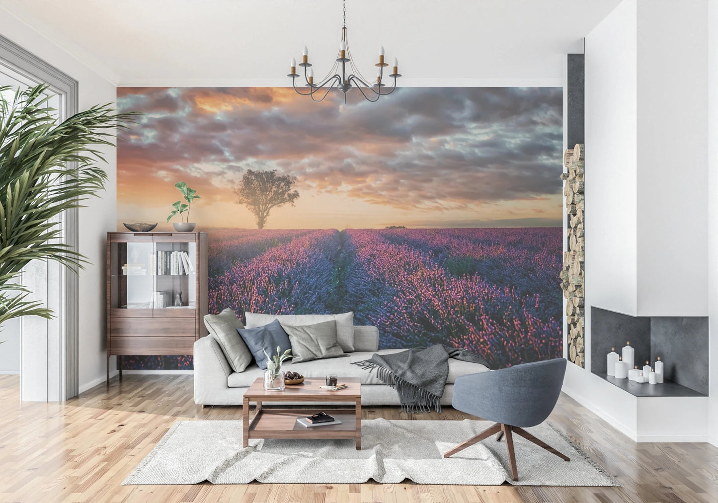 Warm sky above purple fields wall mural in modern lounge