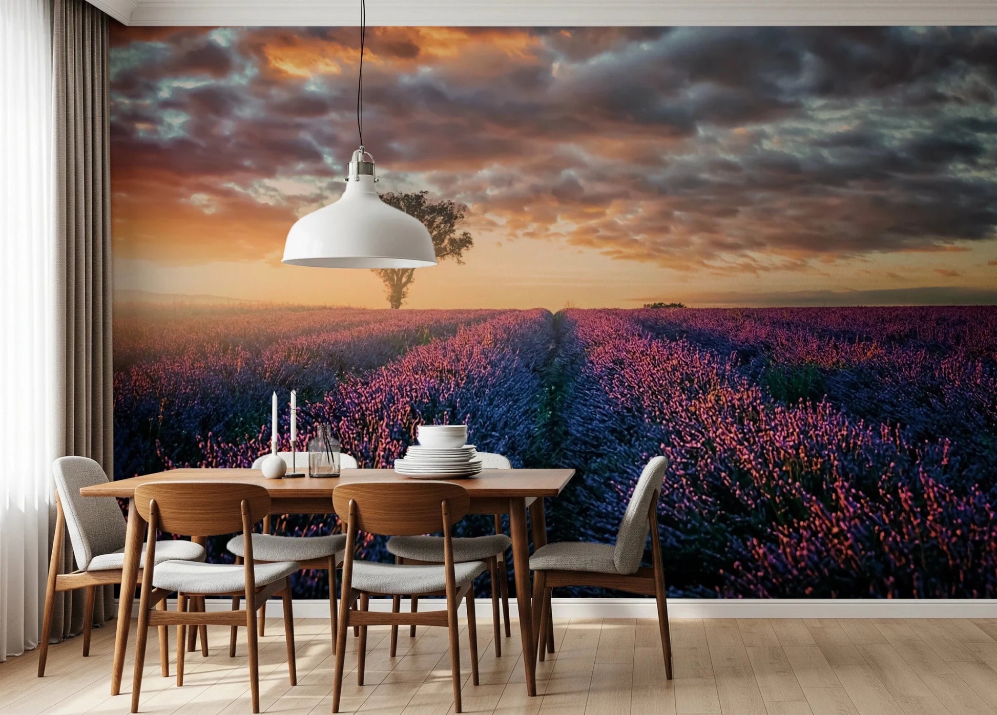 Dining space styled with scenic sunrise view