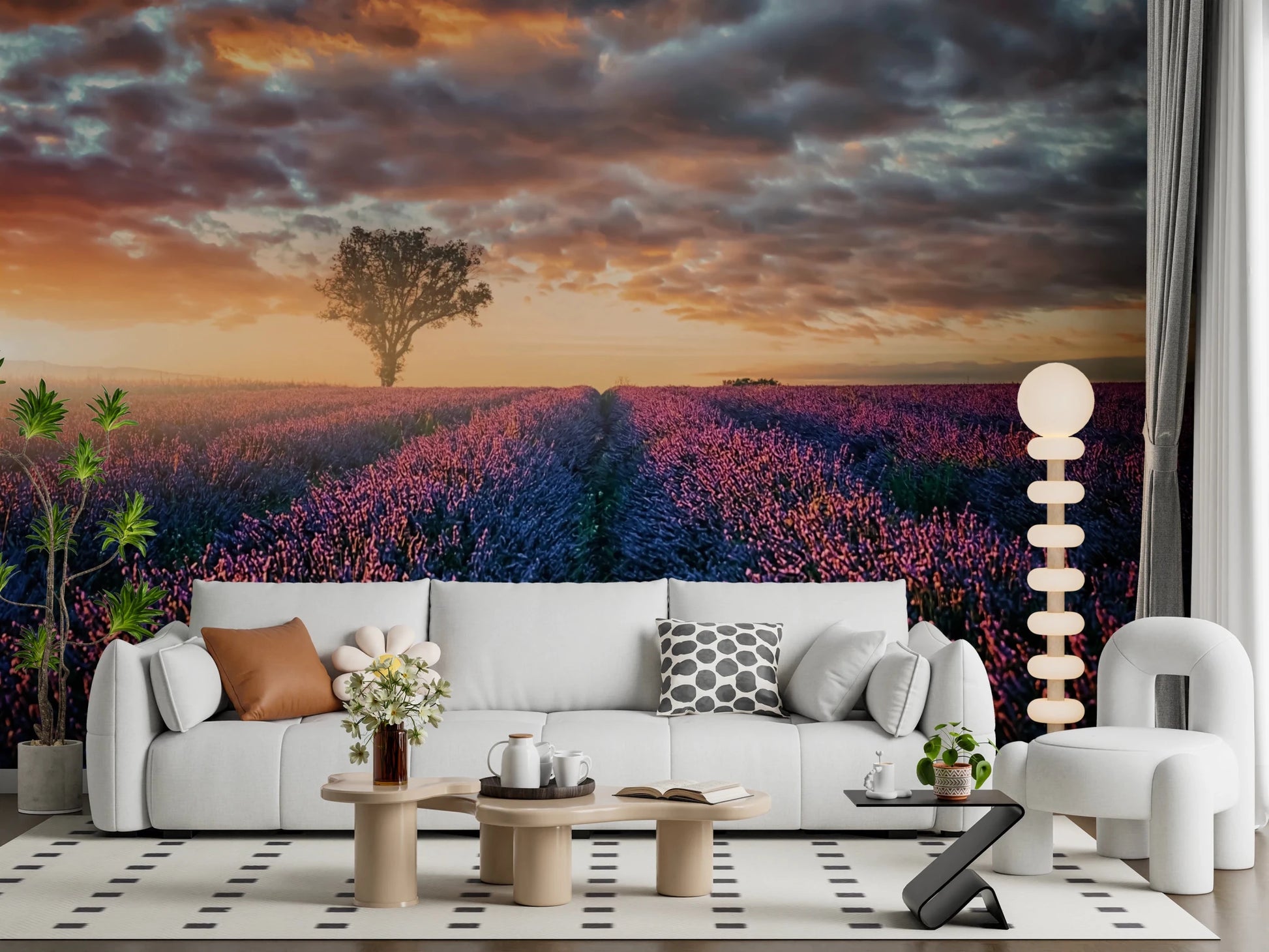 Scenic lavender landscape wall mural behind cozy seating