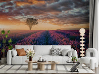Scenic lavender landscape wall mural behind cozy seating