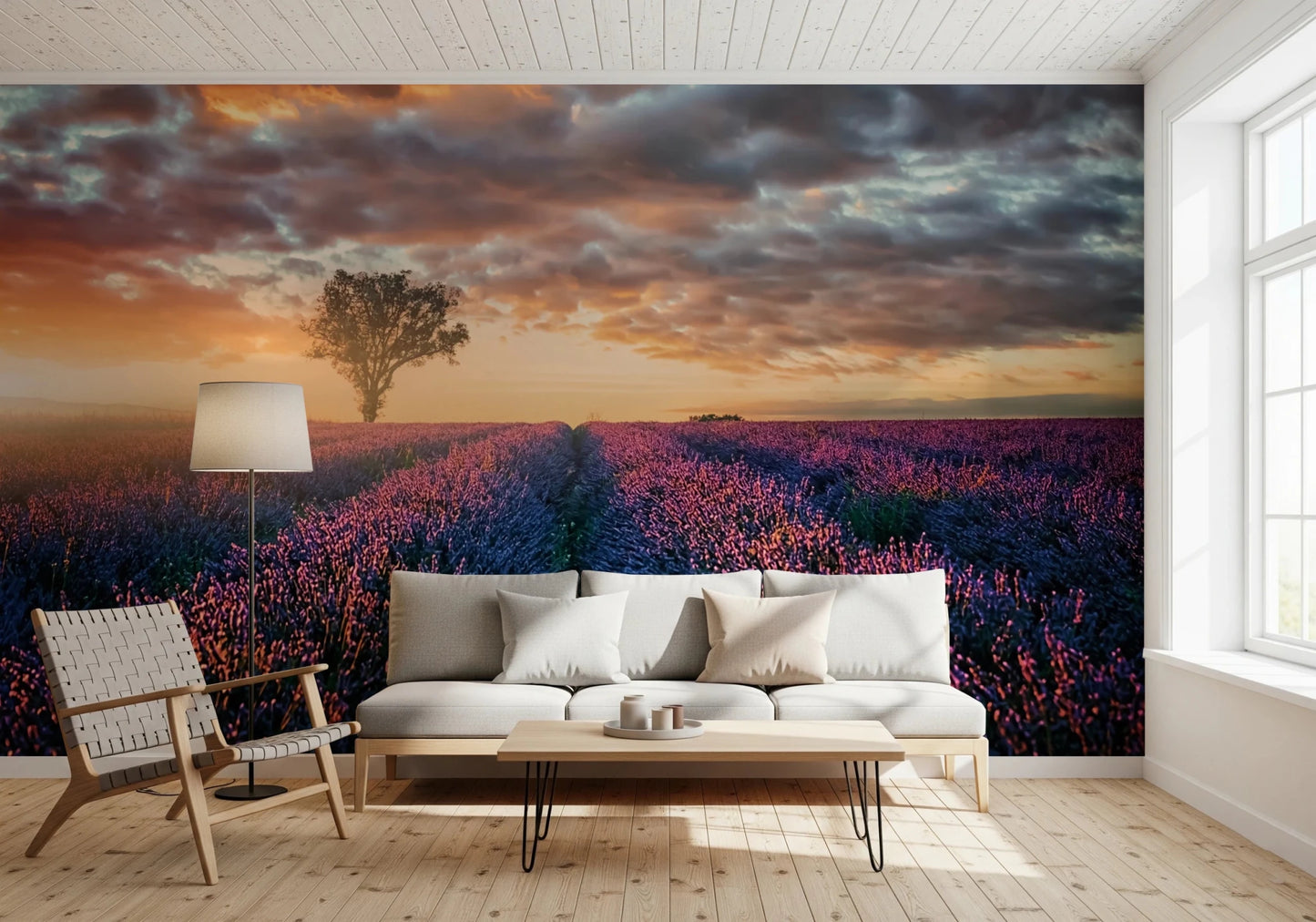 Golden sunrise lights vast purple farmland wall mural