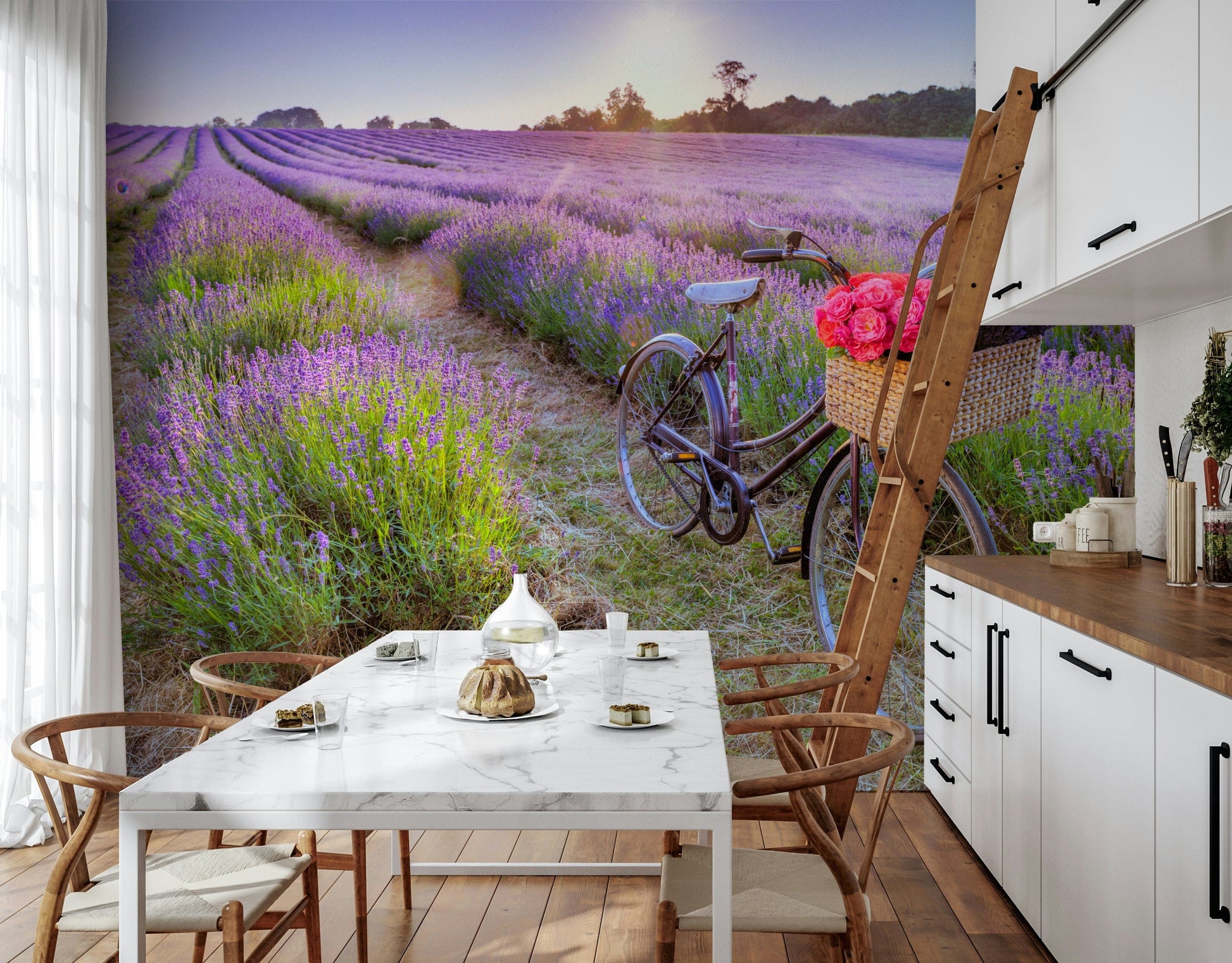 Bicycle in a Lavender Field wall mural, relaxing purple flower landscape design.