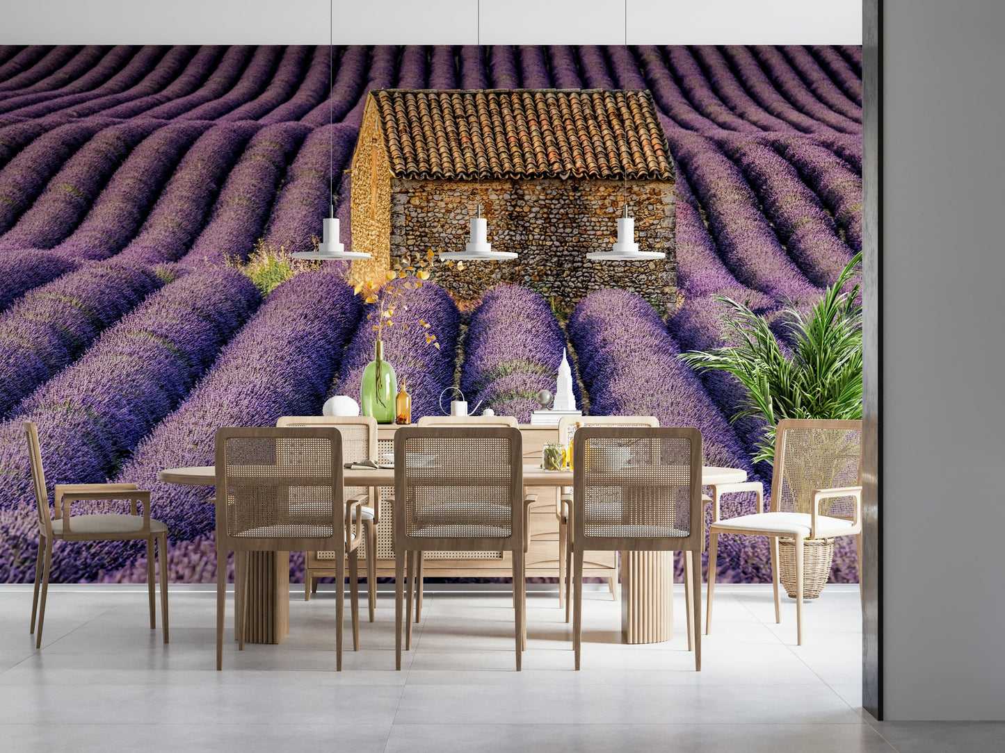 Lavender Haven wall covering featuring endless purple blooms and gentle sky tones.