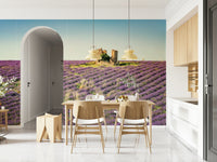 Wallpaper of Lavender Field Sunset. Stone ruin on lavender background.