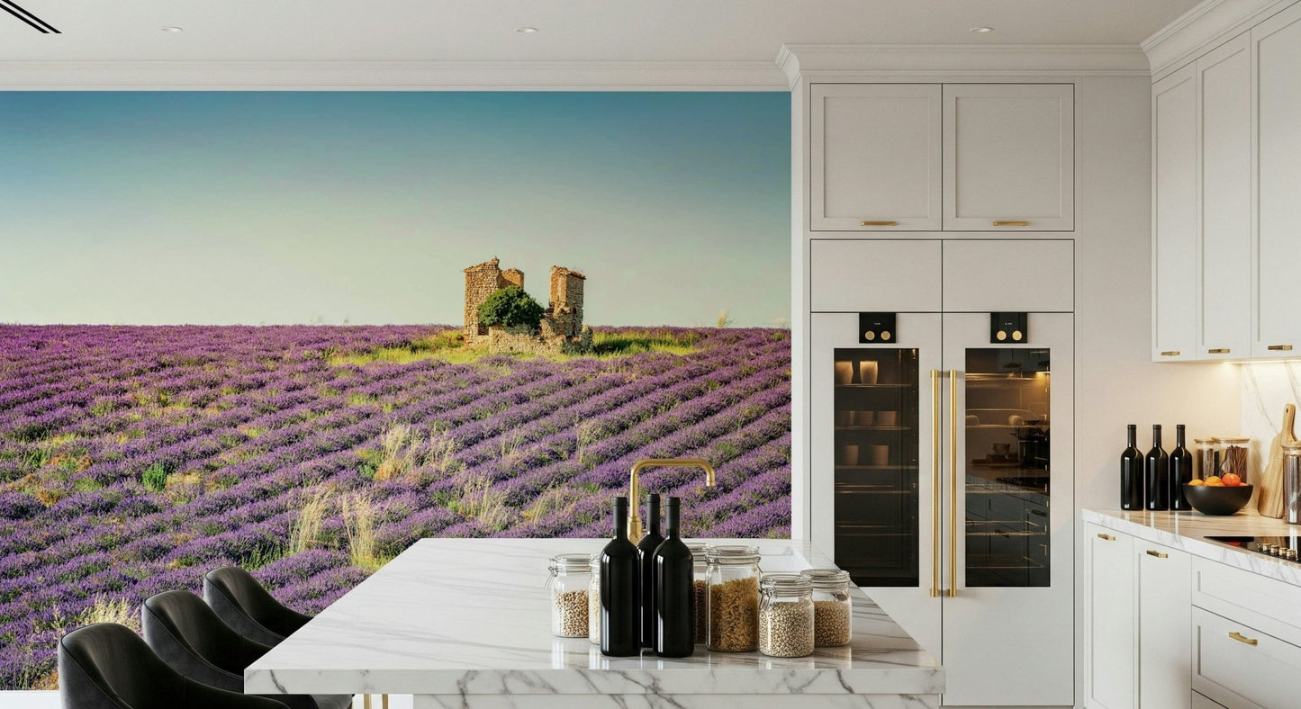 Wall mural showing Lavender Field Sunset. Rustic tower in flowers.